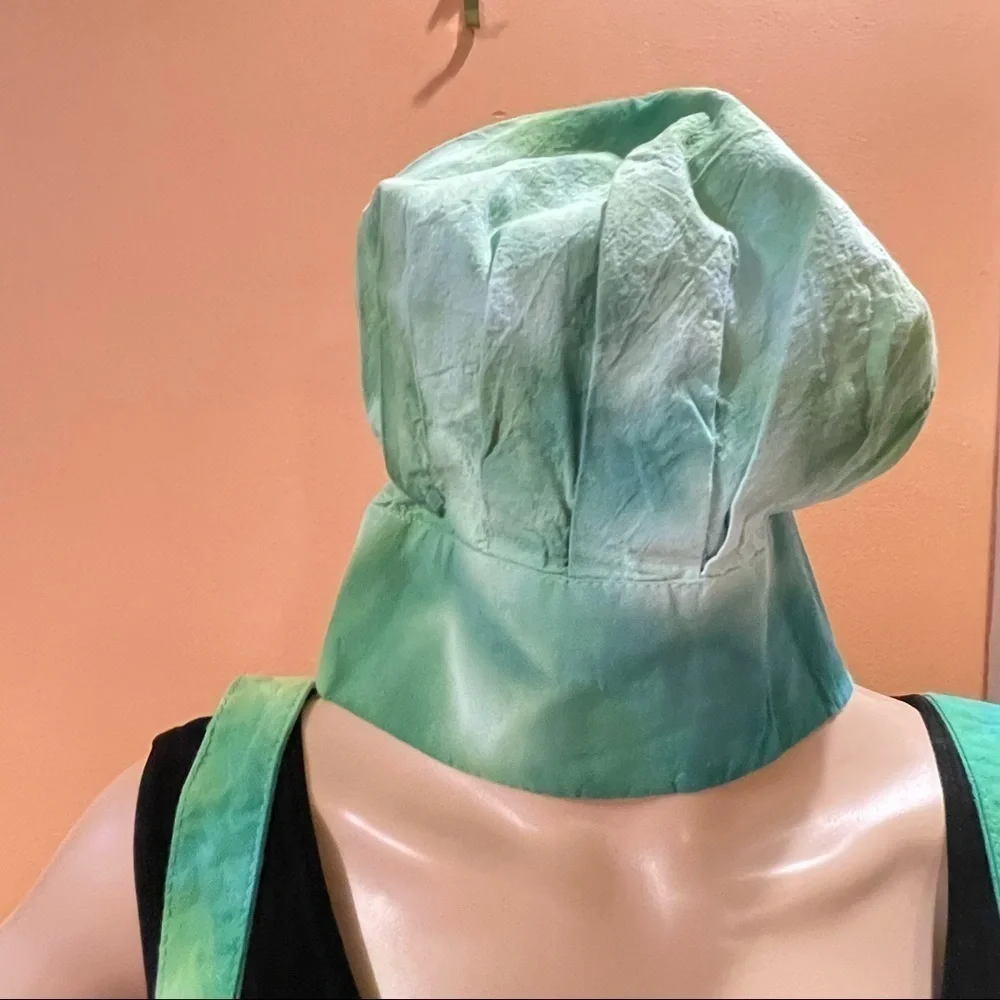 Tie Dye large Japanese wrap around apron with matching toque chef's hat green